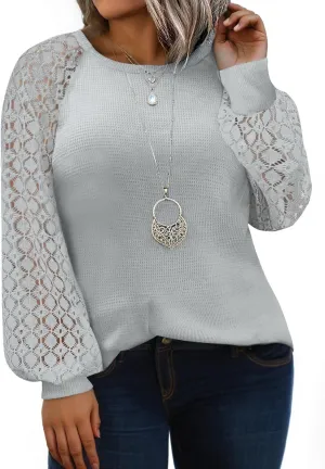 Eytino Plus Size Tops for Women Lace Long Sleeve Round Neck Casual Loose Blouses T Shirts(1X-5X)