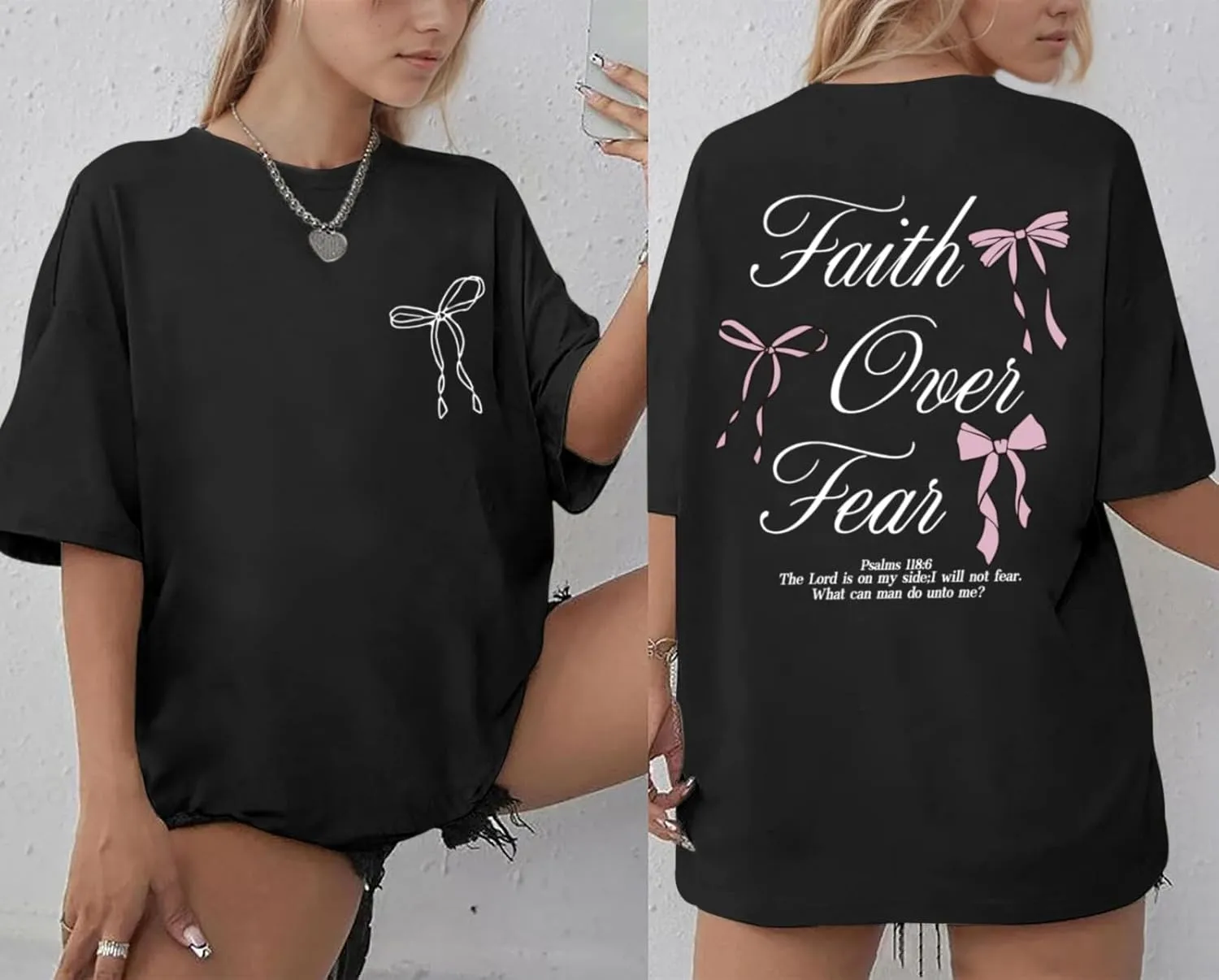 Faith Over Fear Shirt Oversized Christian Cute Bow Shirts for Women Bible Verse Religious Tshirts Coquette Tops