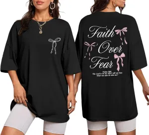 Faith Over Fear Shirt Oversized Christian Cute Bow Shirts for Women Bible Verse Religious Tshirts Coquette Tops