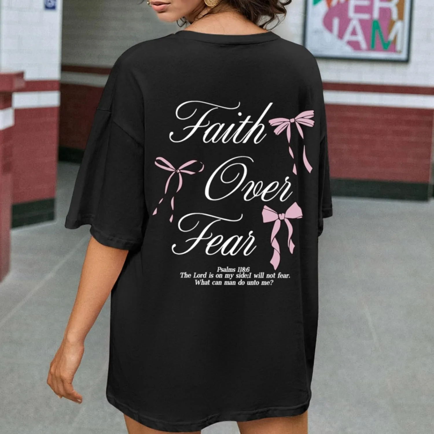 Faith Over Fear Shirt Oversized Christian Cute Bow Shirts for Women Bible Verse Religious Tshirts Coquette Tops