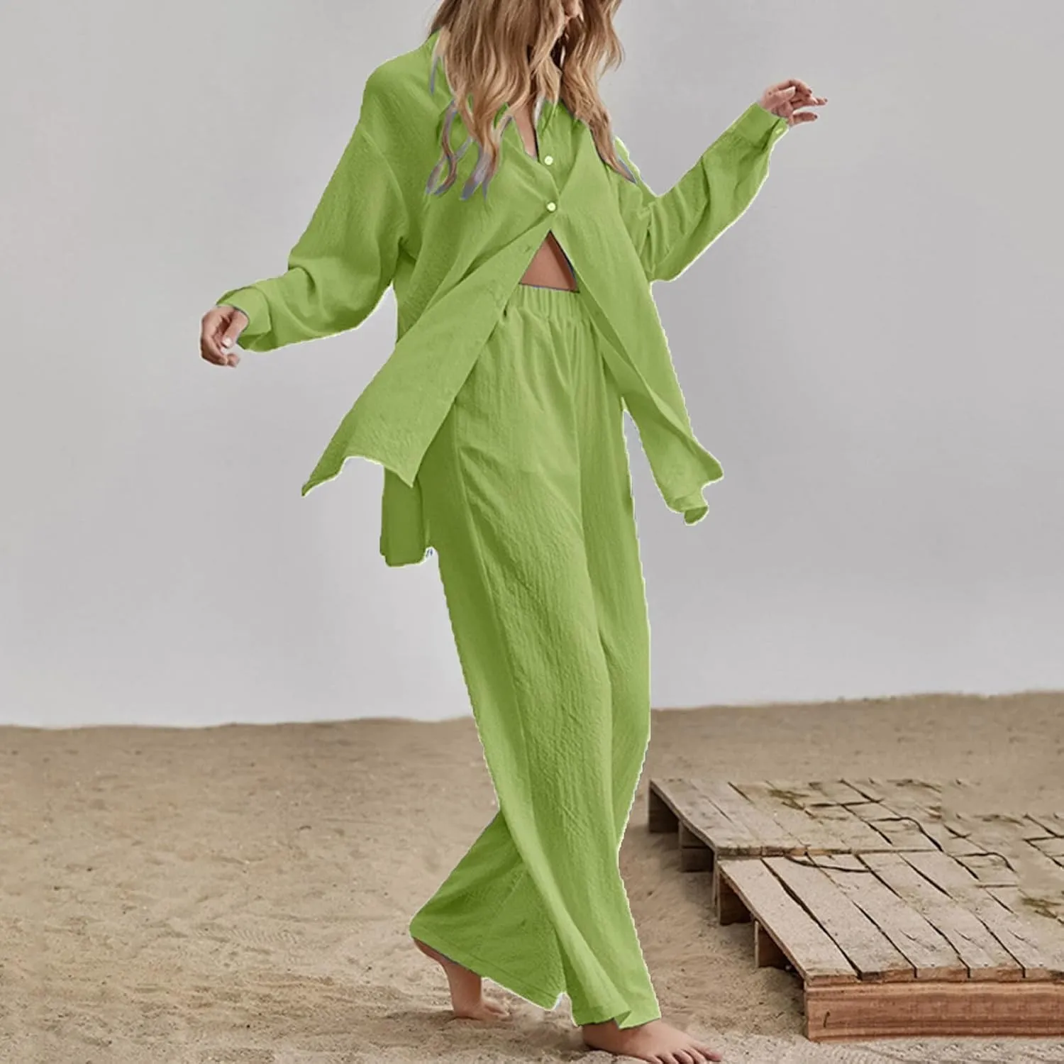 Firzero Women's 2 Piece Outfits Plus Size Linen Long Sleeve Shirt and Pants Sets Cardigan and High Waist Pants Lounge Set