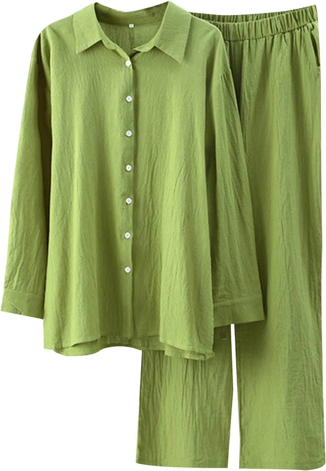 Firzero Women's 2 Piece Outfits Plus Size Linen Long Sleeve Shirt and Pants Sets Cardigan and High Waist Pants Lounge Set