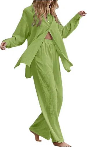Firzero Women's 2 Piece Outfits Plus Size Linen Long Sleeve Shirt and Pants Sets Cardigan and High Waist Pants Lounge Set