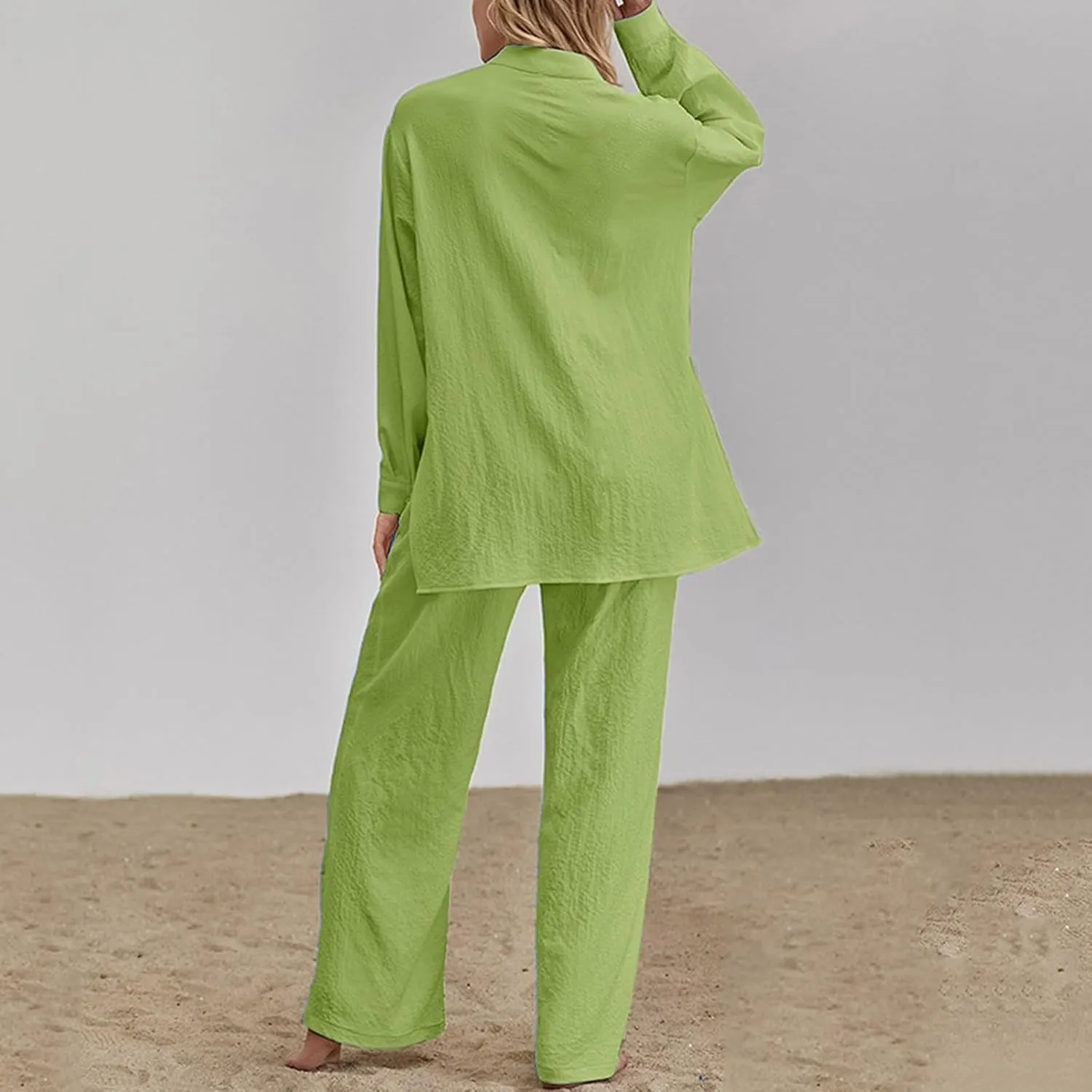 Firzero Women's 2 Piece Outfits Plus Size Linen Long Sleeve Shirt and Pants Sets Cardigan and High Waist Pants Lounge Set
