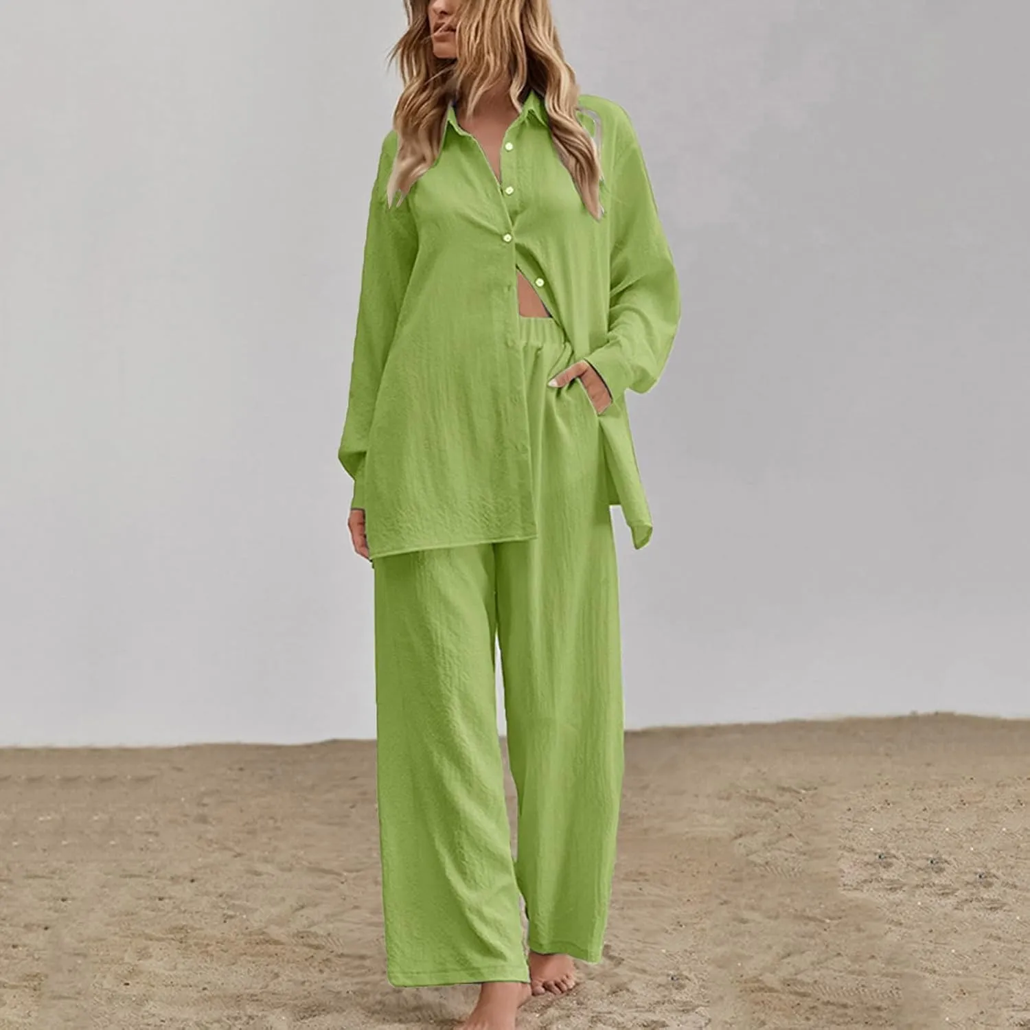 Firzero Women's 2 Piece Outfits Plus Size Linen Long Sleeve Shirt and Pants Sets Cardigan and High Waist Pants Lounge Set