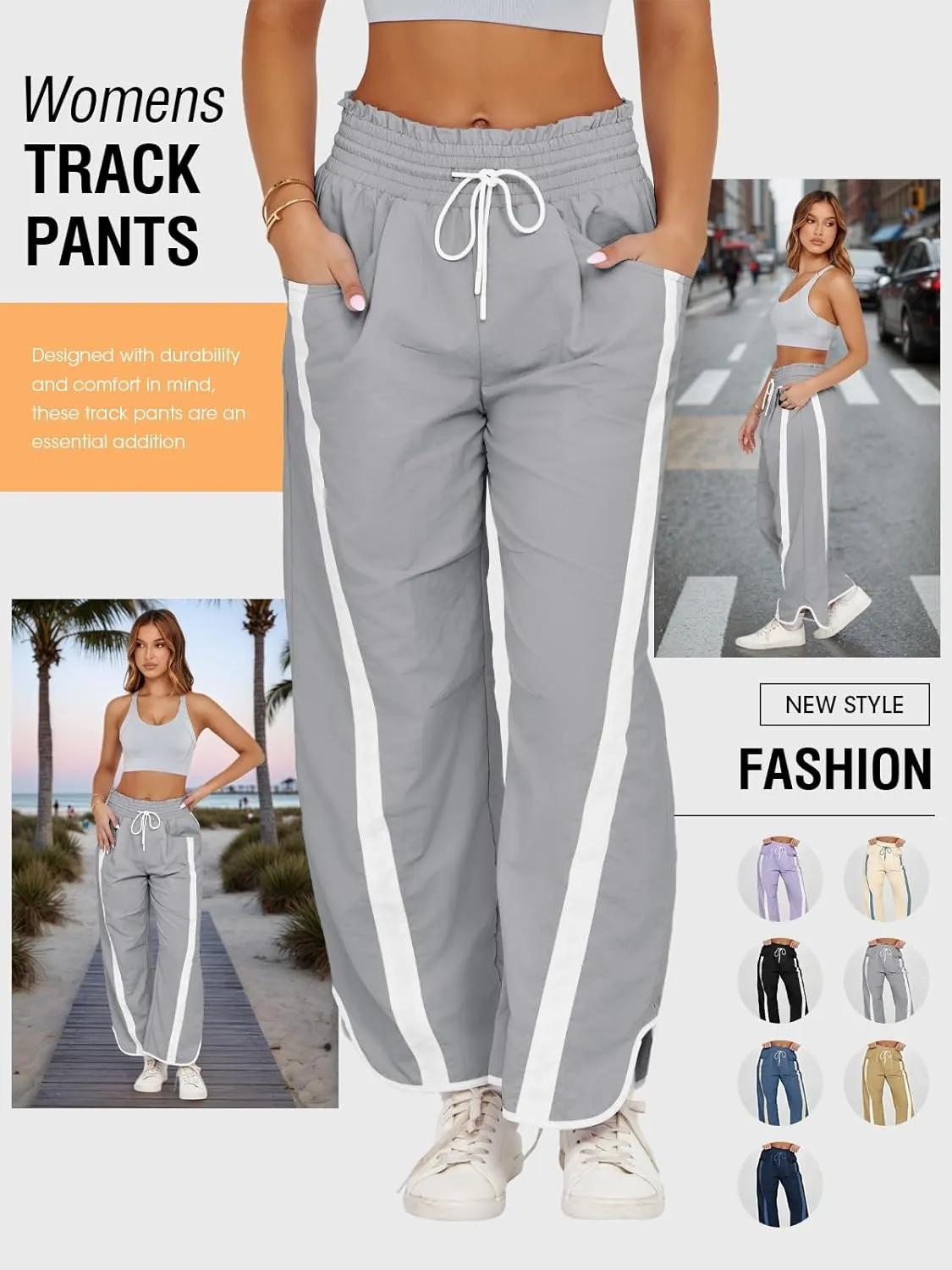 Fisoew Women's Baggy Wide Leg Pants Casual Drawstring Elastic Waisted Contrast Color Workout Y2K Track Pants