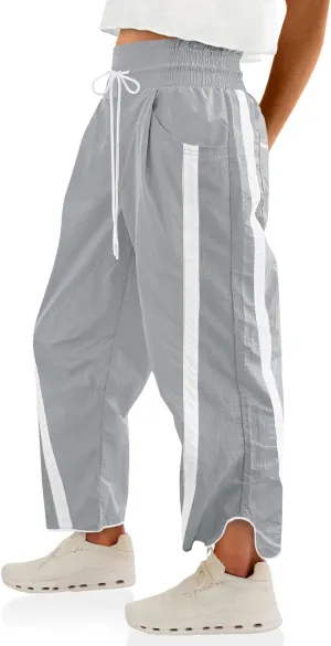 Fisoew Women's Baggy Wide Leg Pants Casual Drawstring Elastic Waisted Contrast Color Workout Y2K Track Pants