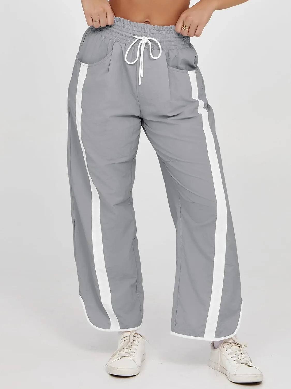 Fisoew Women's Baggy Wide Leg Pants Casual Drawstring Elastic Waisted Contrast Color Workout Y2K Track Pants