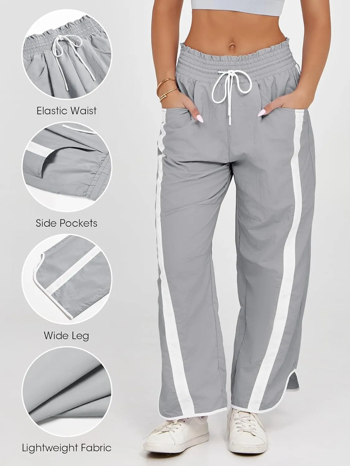 Fisoew Women's Baggy Wide Leg Pants Casual Drawstring Elastic Waisted Contrast Color Workout Y2K Track Pants