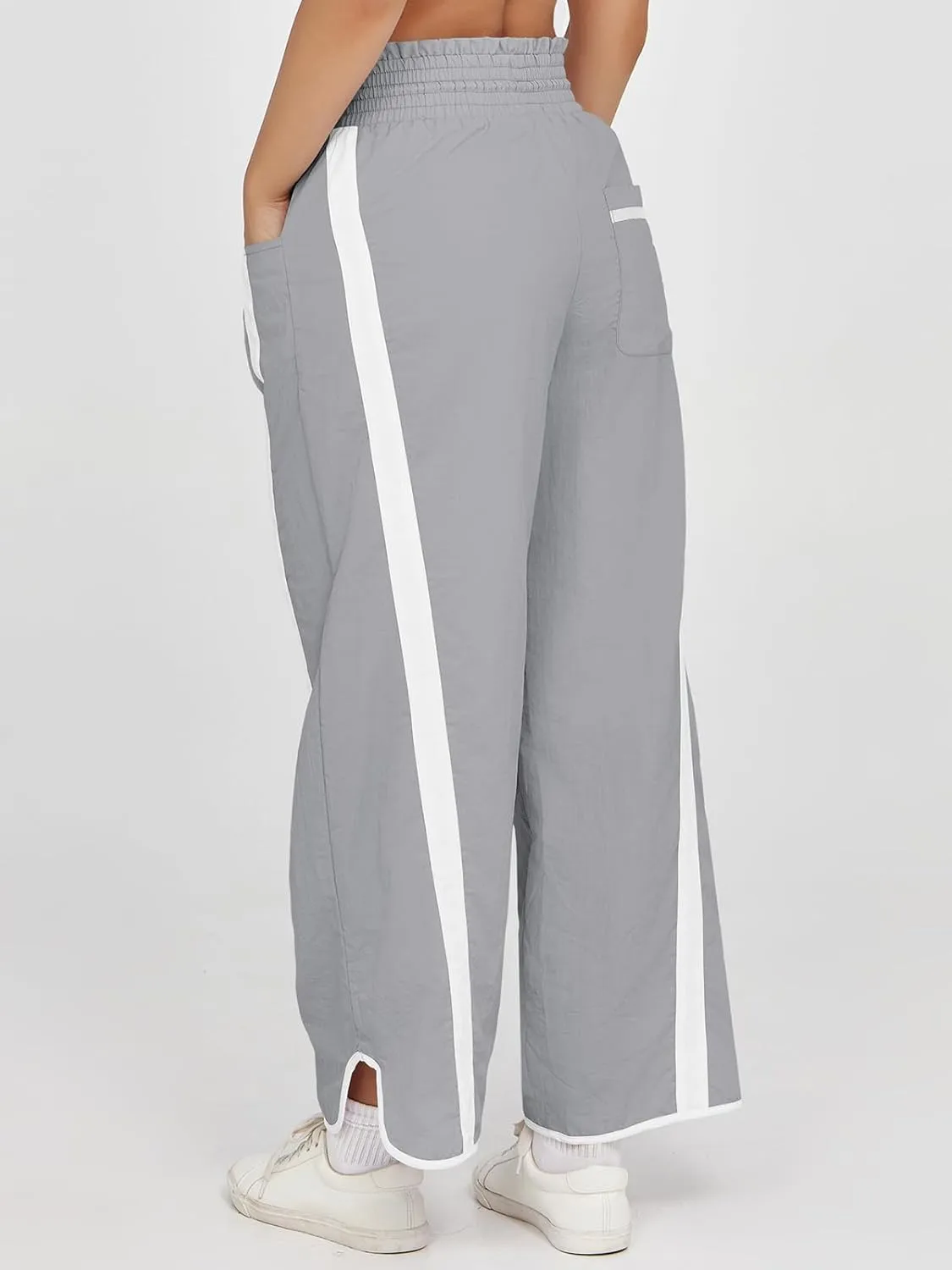 Fisoew Women's Baggy Wide Leg Pants Casual Drawstring Elastic Waisted Contrast Color Workout Y2K Track Pants