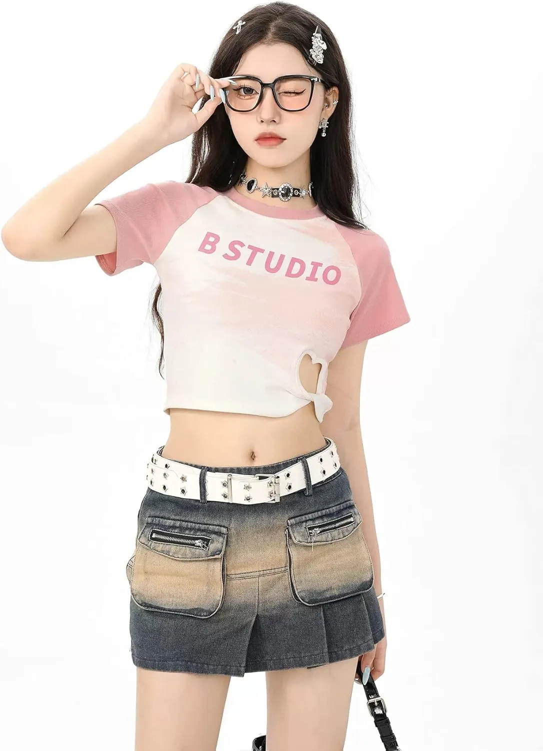 FIVETOSEVEN Women Skirt Gradient Blue Denim Pleated Mini Skirt High Waist A-Line Jean Short Bottoms Street