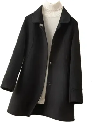 Fjnbbiot Autumn Winter Coat Women Woolen Jacket Single-Breasted Double-Sided Cashmere Long Solid Color Pea Coat