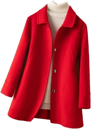 Fjnbbiot Autumn Winter Coat Women Woolen Jacket Single-Breasted Double-Sided Cashmere Long Solid Color Pea Coat