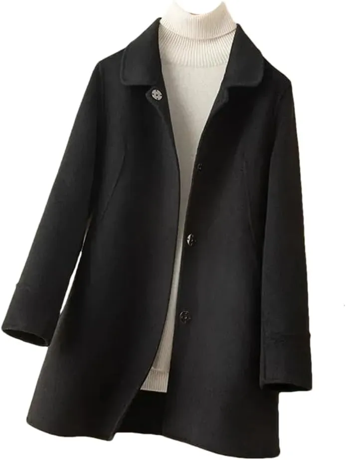Fjnbbiot Autumn Winter Coat Women Woolen Jacket Single-Breasted Double-Sided Cashmere Long Solid Color Pea Coat