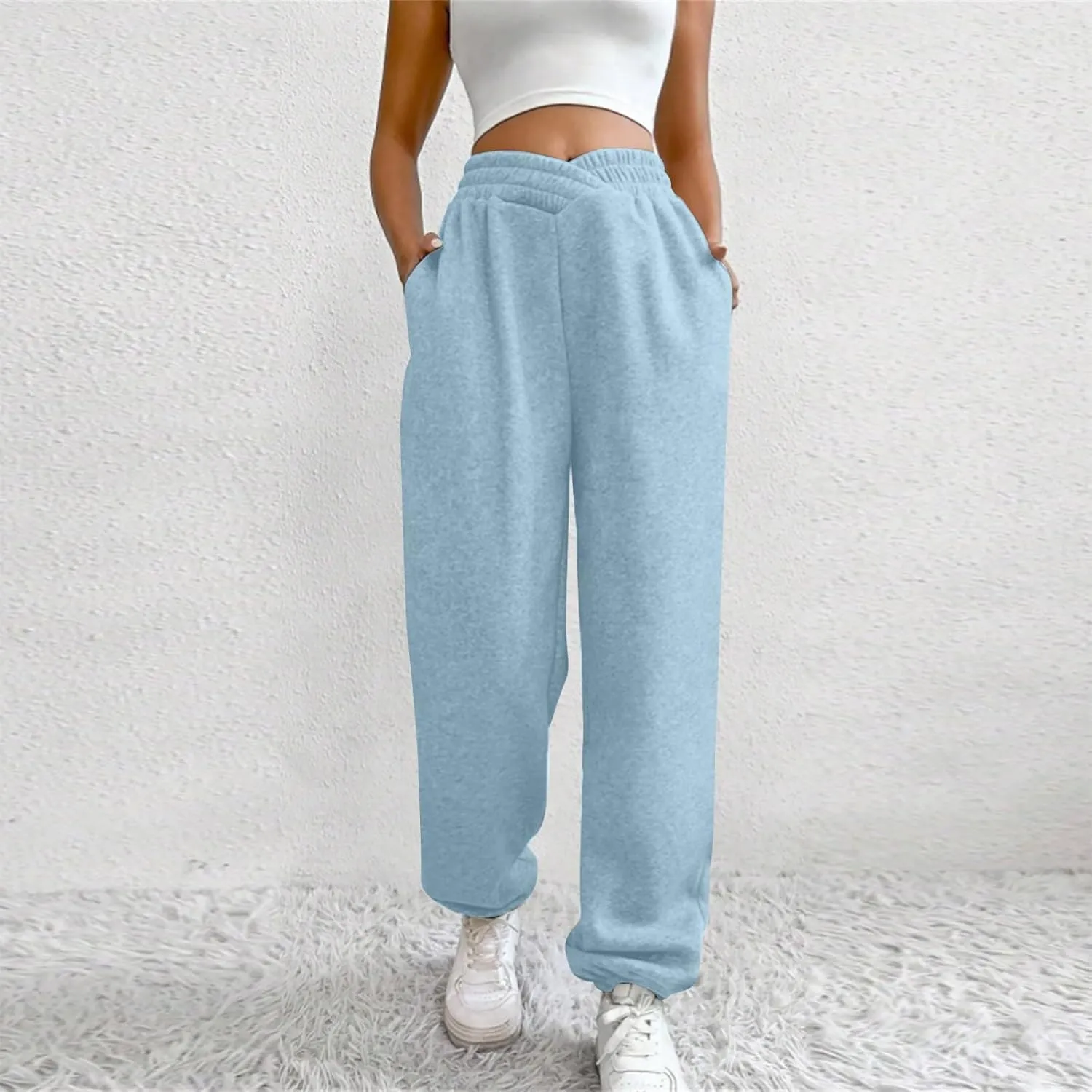 Fleece Joggers for Women Y2k Baggy Cute Sweatpants Casual Crossover High Waisted Athletic Jogger Pants with Pockets