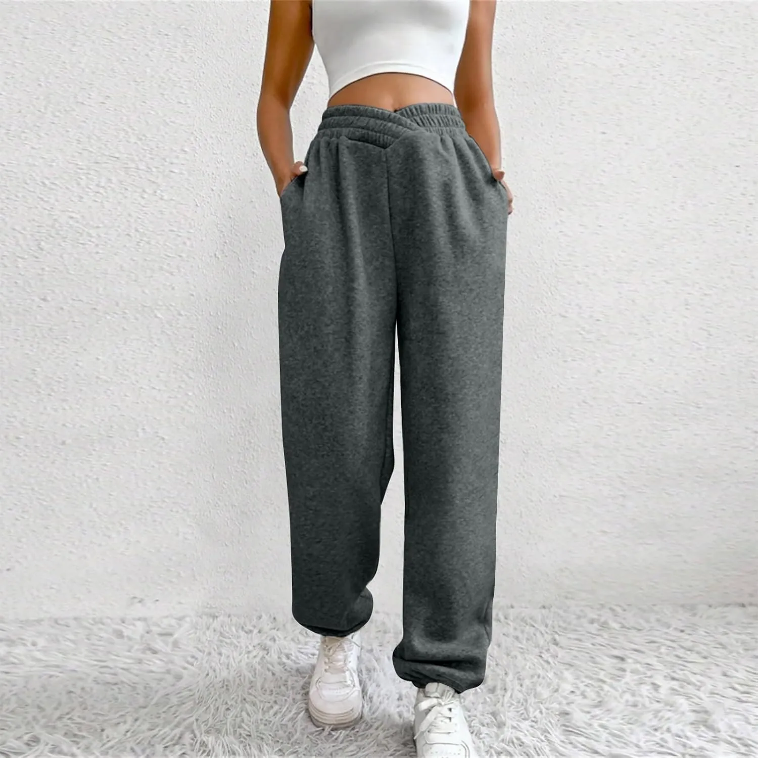 Fleece Joggers for Women Y2k Baggy Cute Sweatpants Casual Crossover High Waisted Athletic Jogger Pants with Pockets