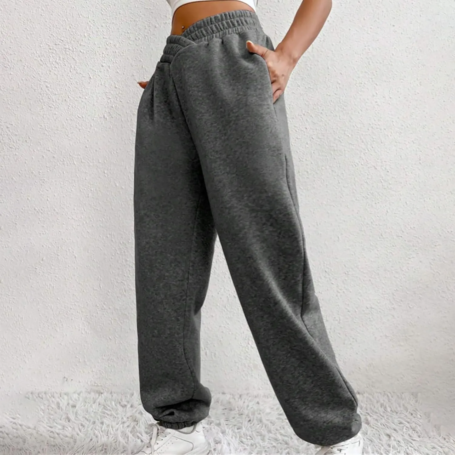 Fleece Joggers for Women Y2k Baggy Cute Sweatpants Casual Crossover High Waisted Athletic Jogger Pants with Pockets