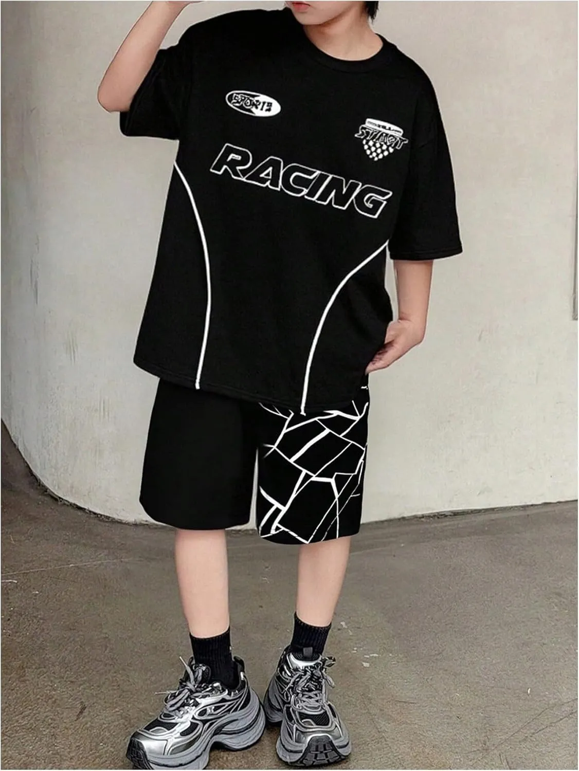 Floerns Boy's Geo Print Drawstring Waist Shorts Casual Straight Leg Shorts with Pocket