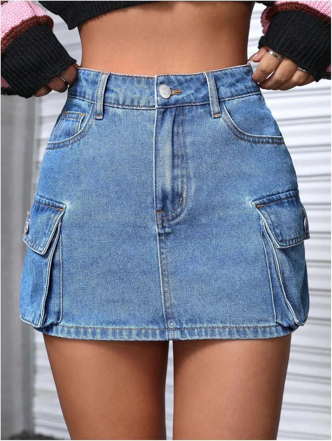 Floerns Women's High Waisted Denim Mini Skirt Flap Pocket Bodycon Jean Cargo Skirts