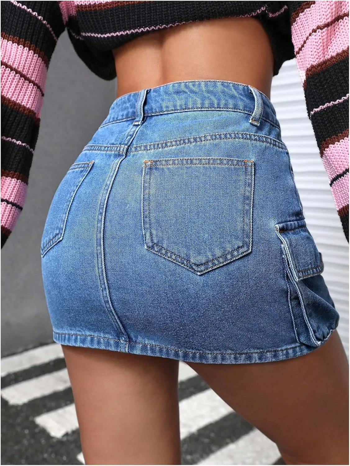 Floerns Women's High Waisted Denim Mini Skirt Flap Pocket Bodycon Jean Cargo Skirts