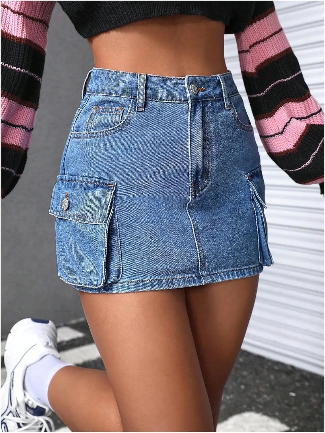 Floerns Women's High Waisted Denim Mini Skirt Flap Pocket Bodycon Jean Cargo Skirts