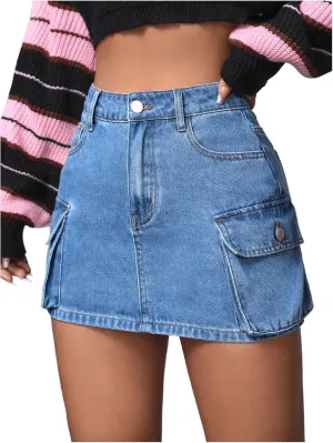 Floerns Women's High Waisted Denim Mini Skirt Flap Pocket Bodycon Jean Cargo Skirts