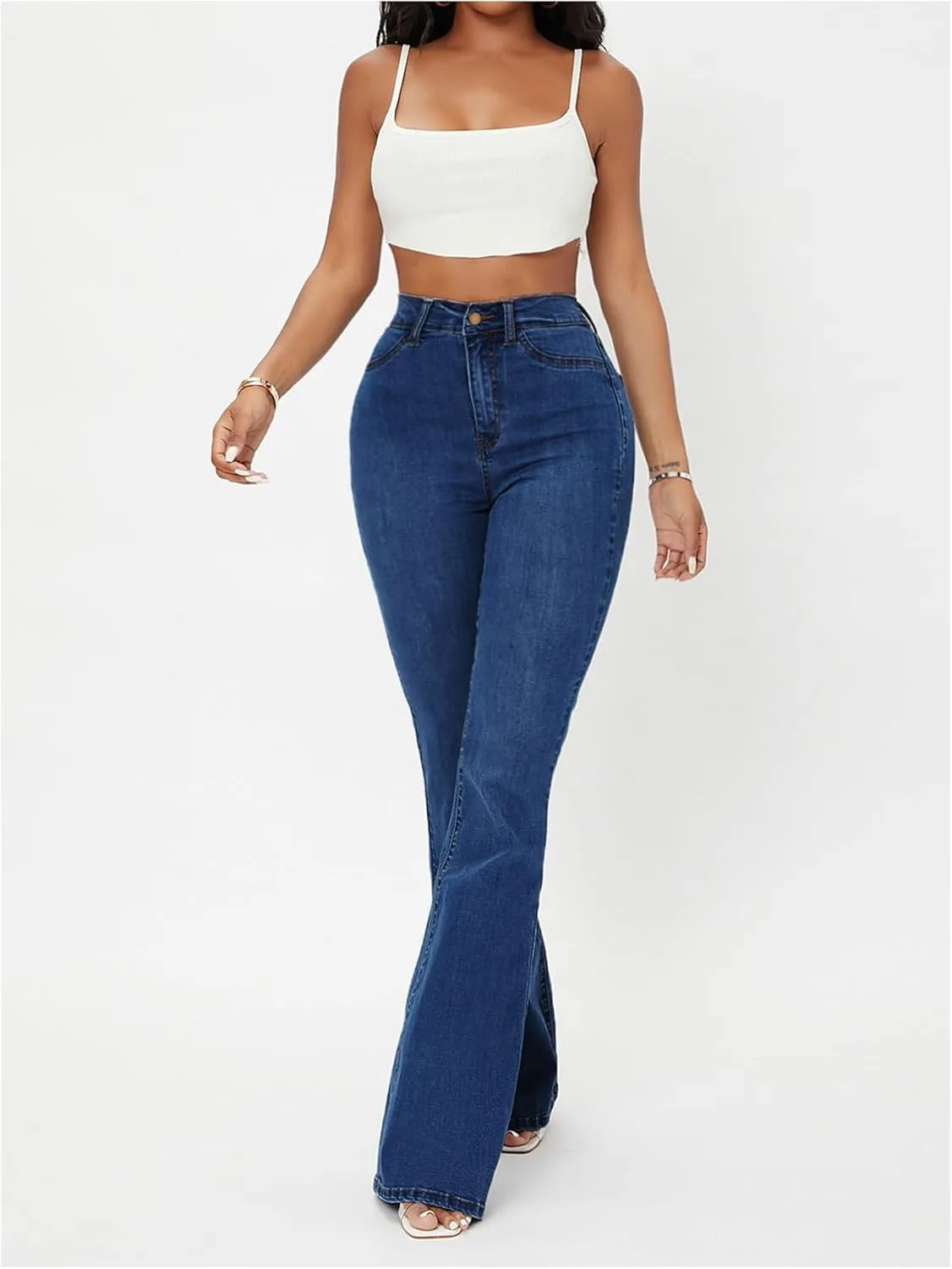 Floerns Women's High Waisted Flare Leg Jeans Zipper Fly Bell Bottom Denim Pants