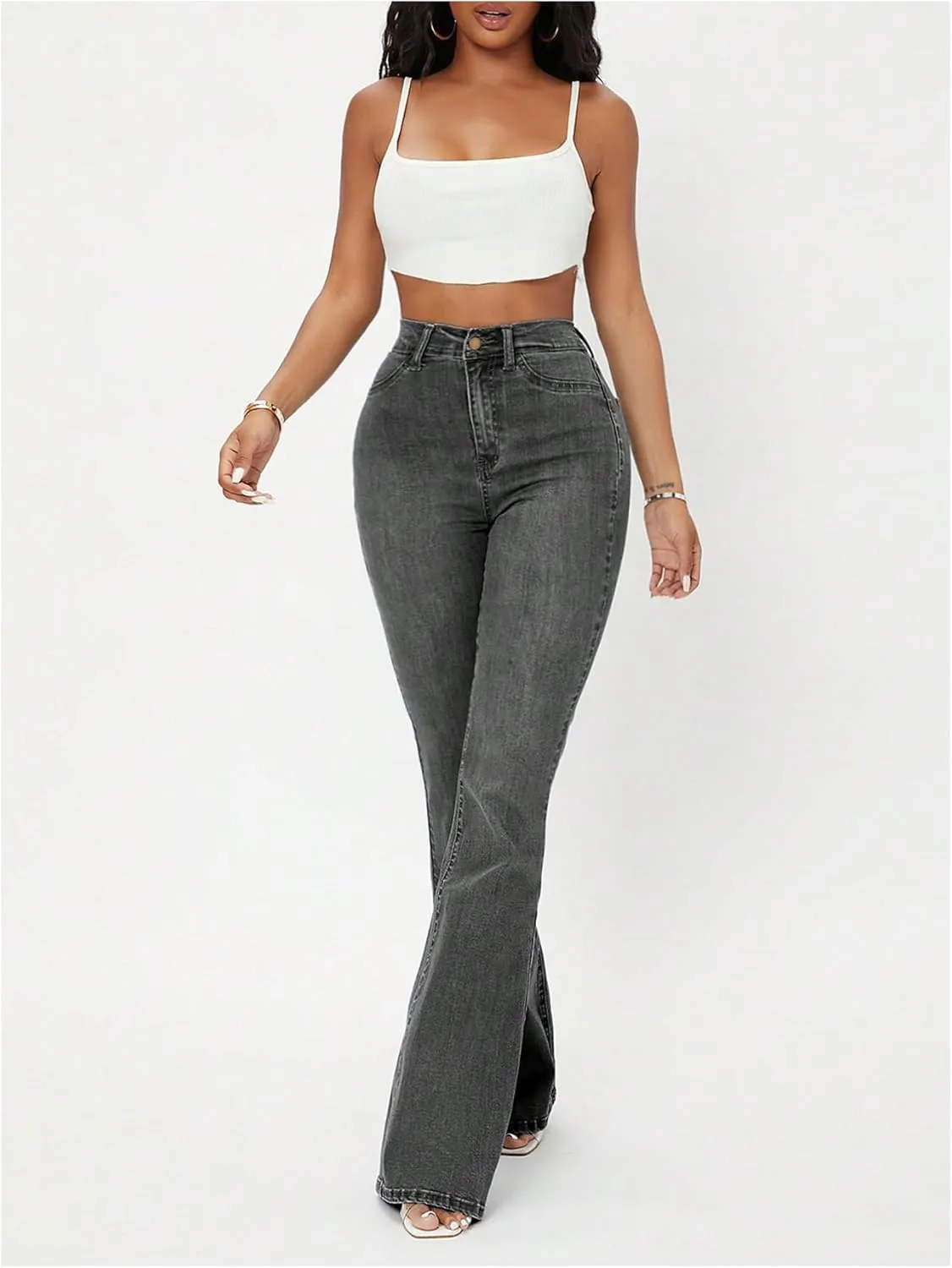 Floerns Women's High Waisted Flare Leg Jeans Zipper Fly Bell Bottom Denim Pants