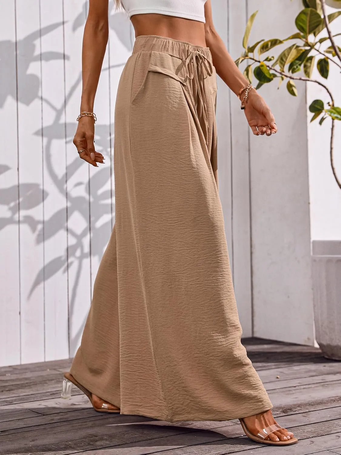 Flowy Wide Leg Palazzo Pants for Women Dressy Summer Casual Elastic Waist Lounge Long Trousers with Pocket