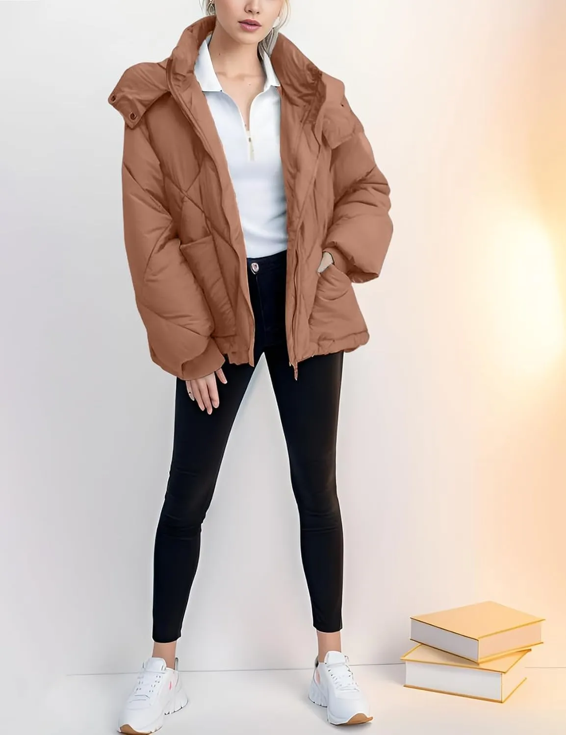 Flygo Womens Hooded Oversized Puffer Jacket Zip up Quilted Down Long Sleeve Winter Warm Hoodies Coat