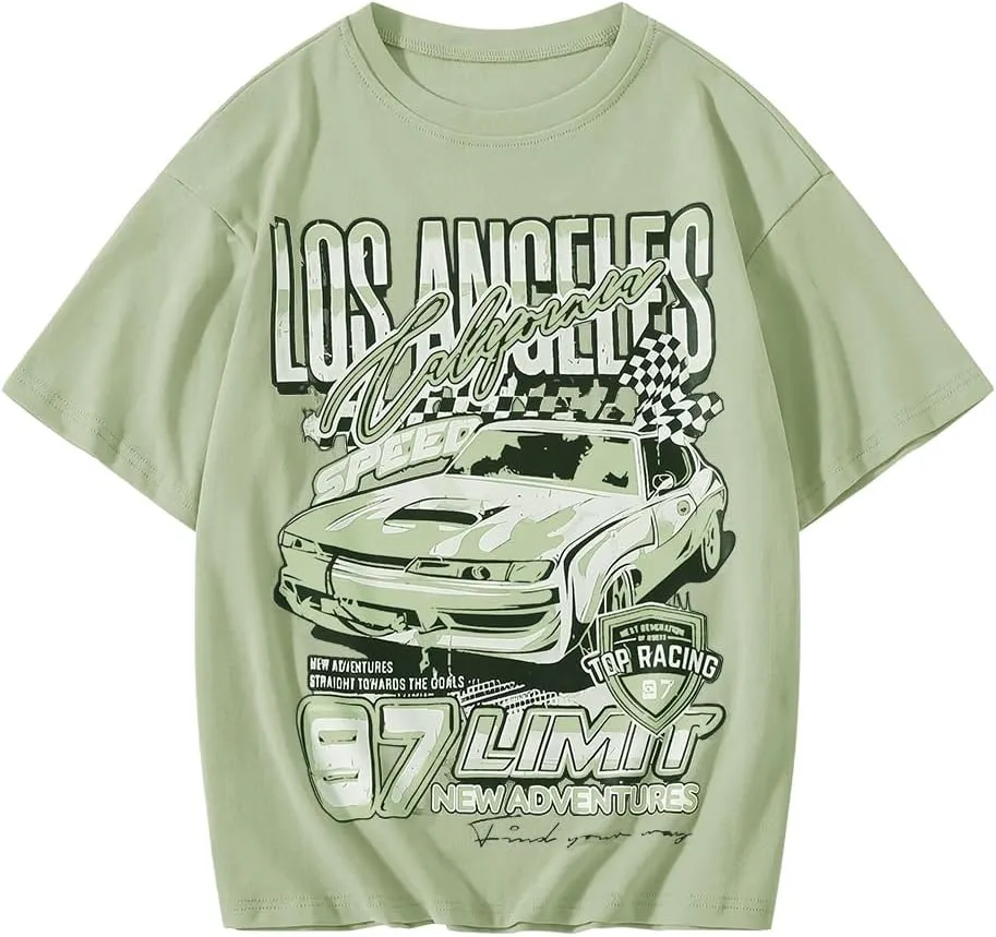 Girl's Car Letter Graphic Print Round Neck Short Sleeve Tee Summer Casual T Shirt Graphics Tee Shirt