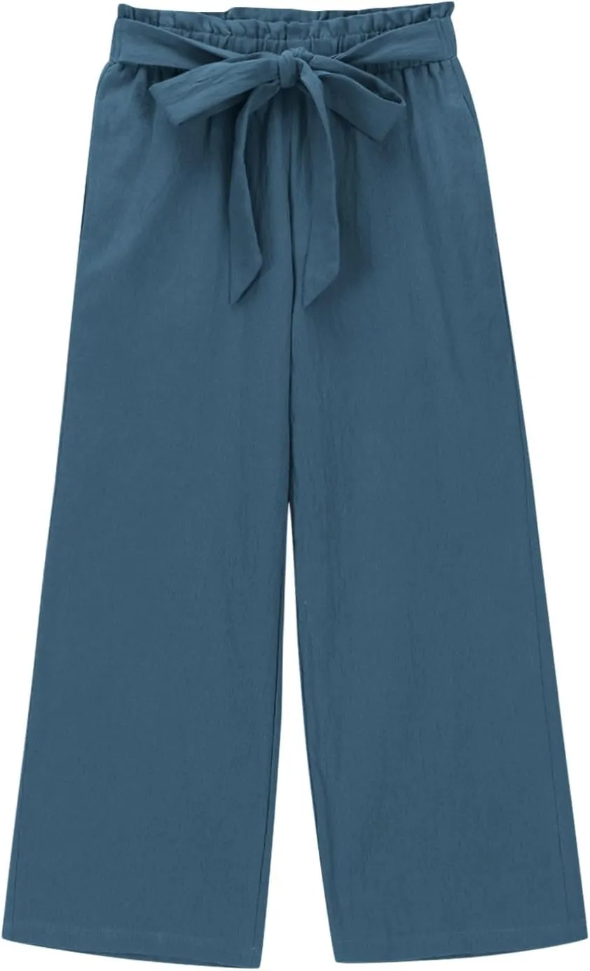 Girls Cotton Linen Palazzo Pants Wide Leg High Waist Smocked Flowy Trousers 2025 Kids Summer Beach Vacation Outfits