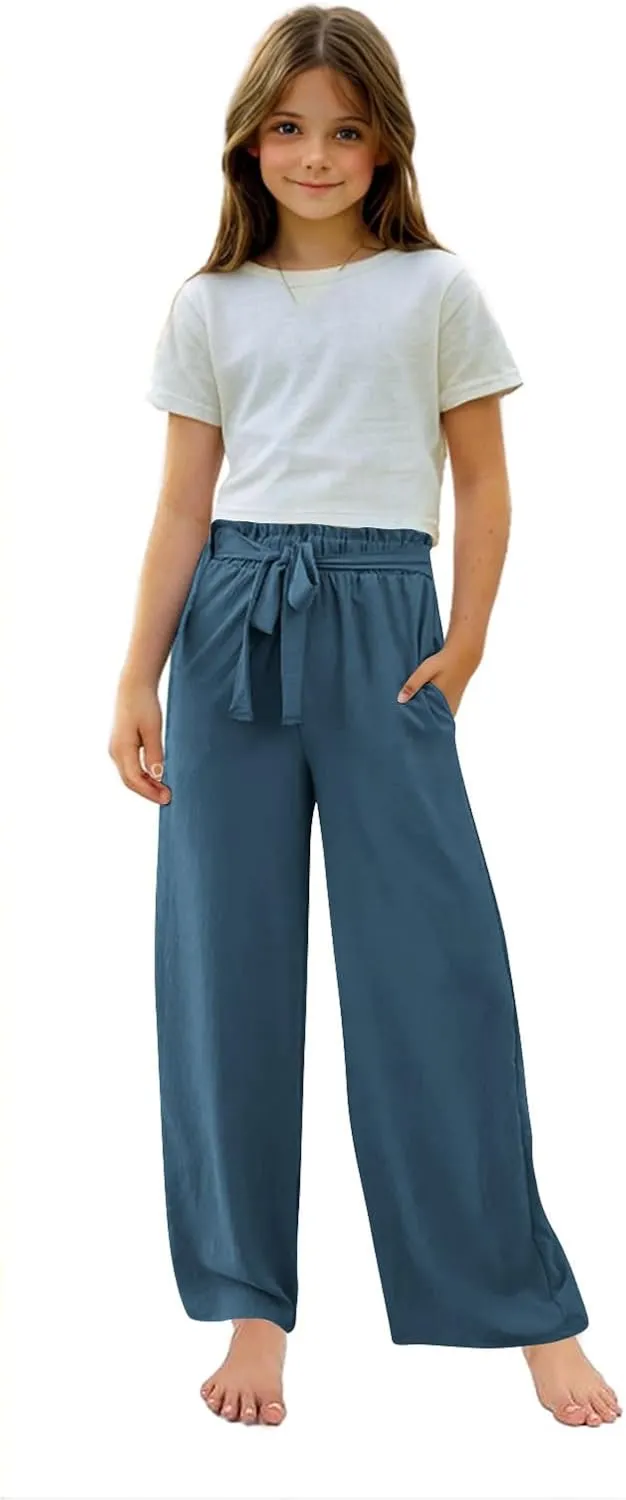 Girls Cotton Linen Palazzo Pants Wide Leg High Waist Smocked Flowy Trousers 2025 Kids Summer Beach Vacation Outfits