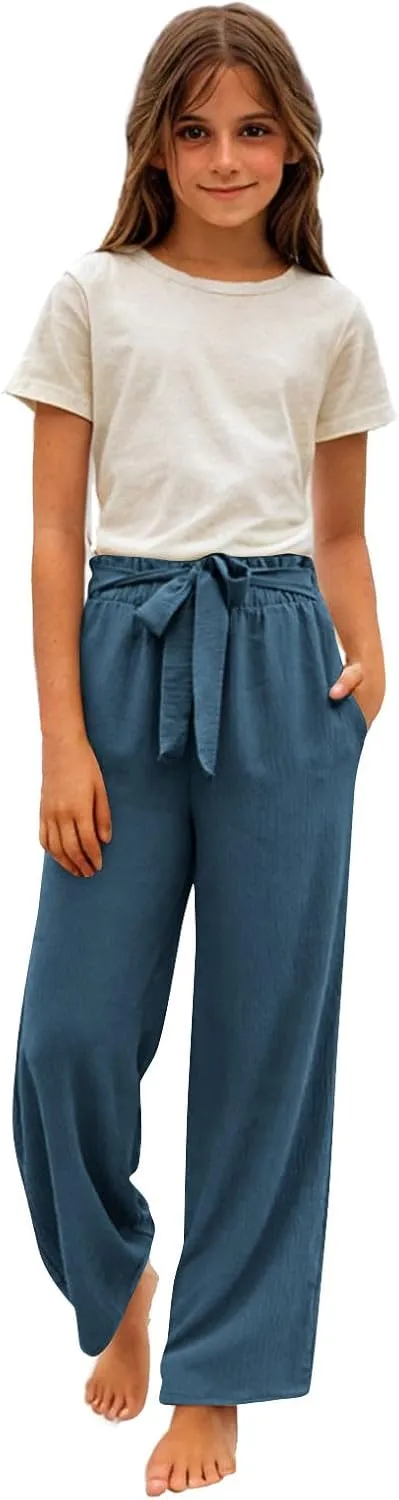 Girls Cotton Linen Palazzo Pants Wide Leg High Waist Smocked Flowy Trousers 2025 Kids Summer Beach Vacation Outfits