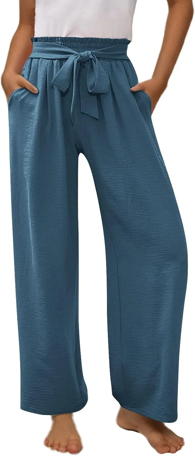 Girls Cotton Linen Palazzo Pants Wide Leg High Waist Smocked Flowy Trousers 2025 Kids Summer Beach Vacation Outfits