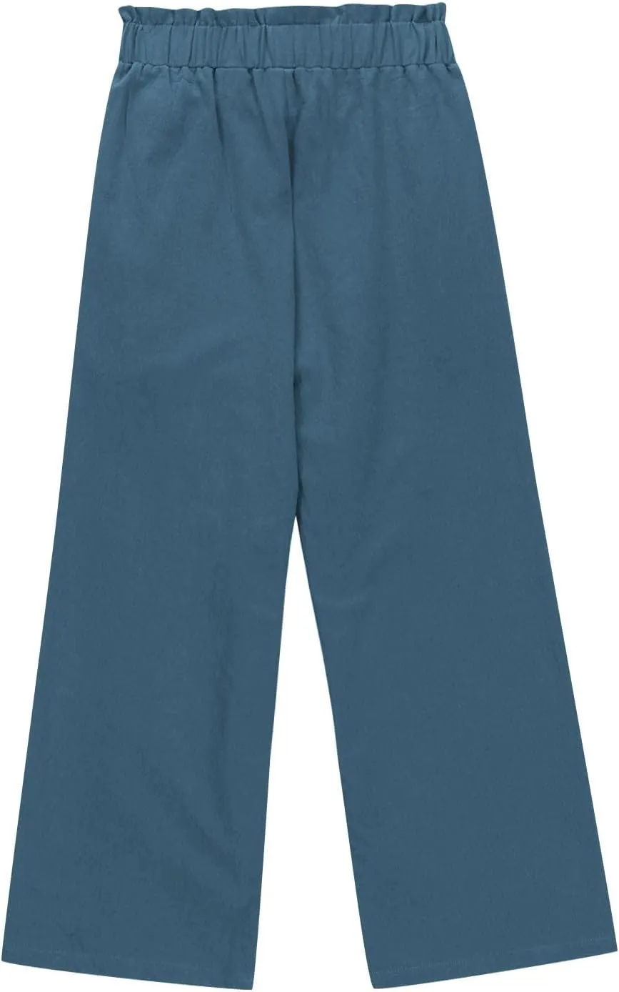 Girls Cotton Linen Palazzo Pants Wide Leg High Waist Smocked Flowy Trousers 2025 Kids Summer Beach Vacation Outfits