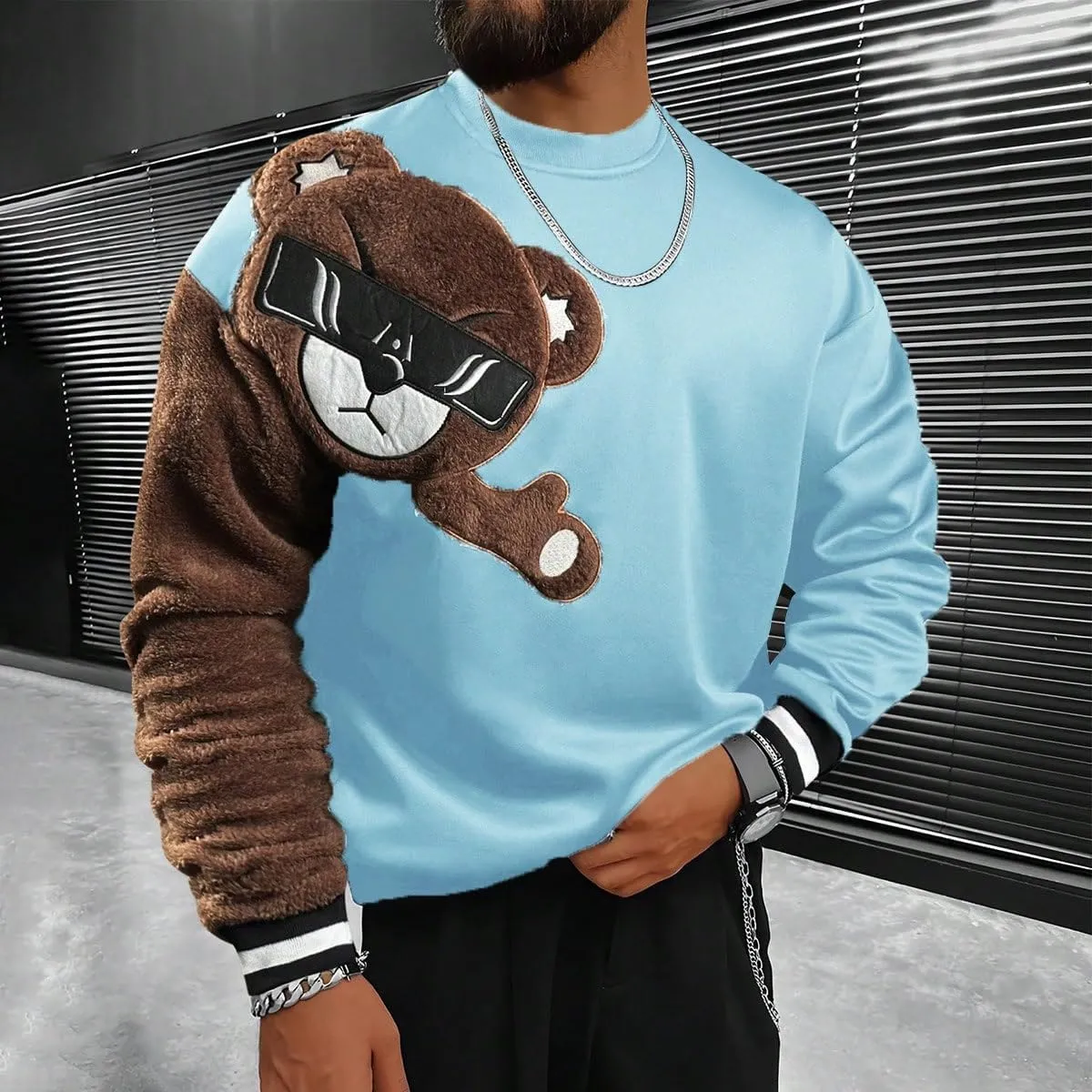 GORGLITTER Men's Bear Pattern Long Sleeve Sweatshirts Drop Shoulder Crewneck Pullover Tops
