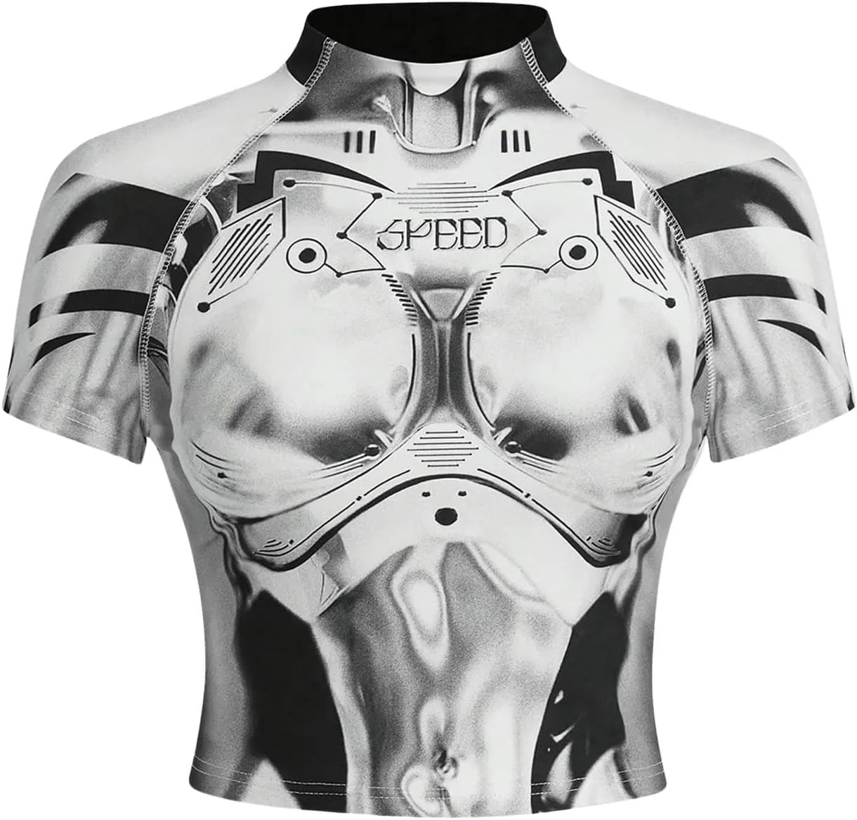 GORGLITTER Women's Body Graphic Print Crop Tops Y2K Short Sleeve Mock Neck Slim Fit Tee Tops