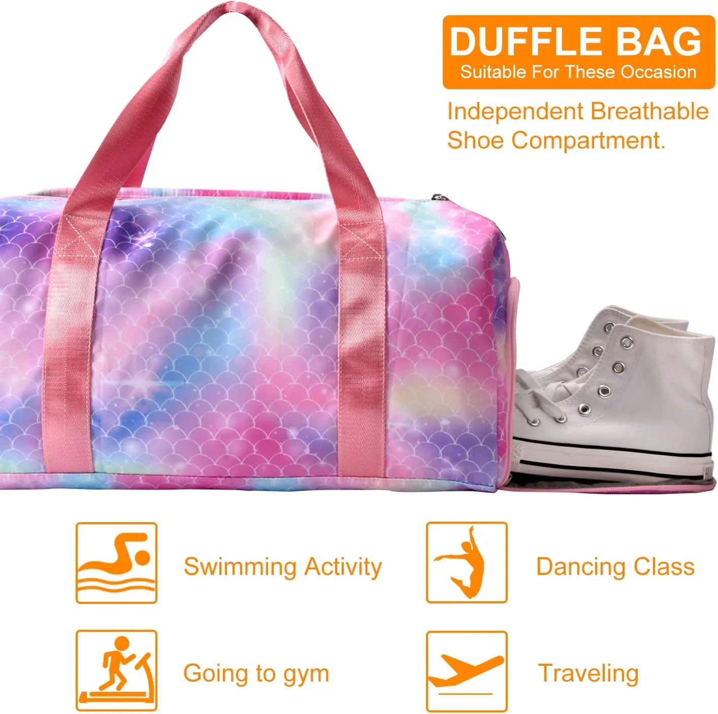 GUDFBALE Women's Weekender Carry On Workout Travel Bag Overnight Shoulder Bag Lightweight with Shoe Compartment and Wet Pocket, Fish Scale Pink-purple, Casual