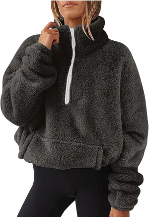 Gumipy Quarter Zip Pullover Women Stand Colar Thick Fleece Half Zip Pullover Trendy Drop Shoulder Cropped Sweater with Pocket