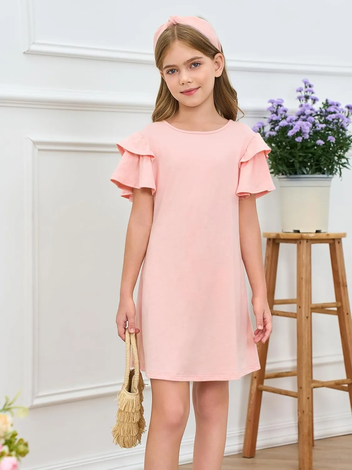 Haloumoning Girls Ruffle Sleeve Dresses Kids Summer Crewneck A Line Casual Dress 5-14 Years