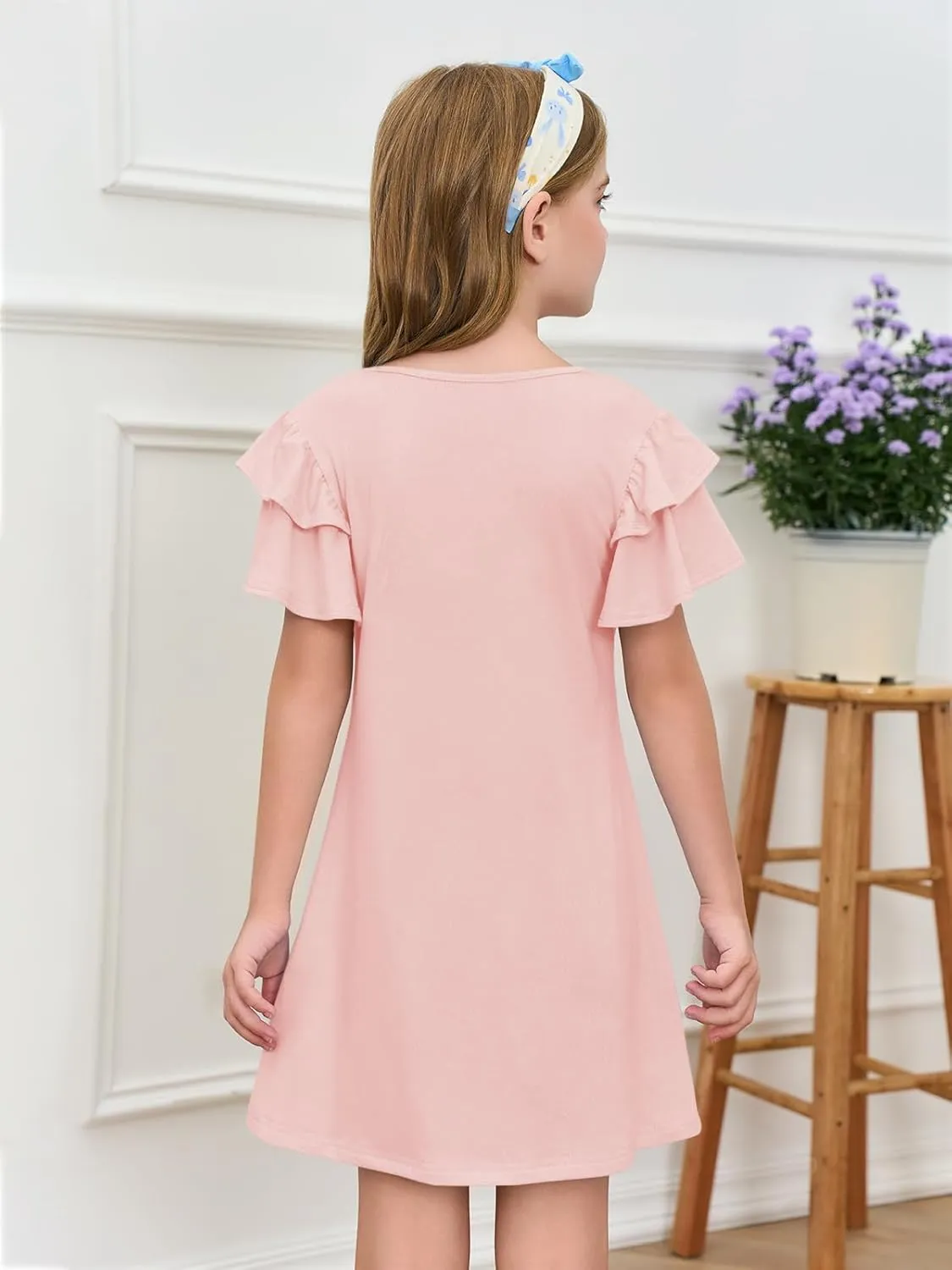 Haloumoning Girls Ruffle Sleeve Dresses Kids Summer Crewneck A Line Casual Dress 5-14 Years