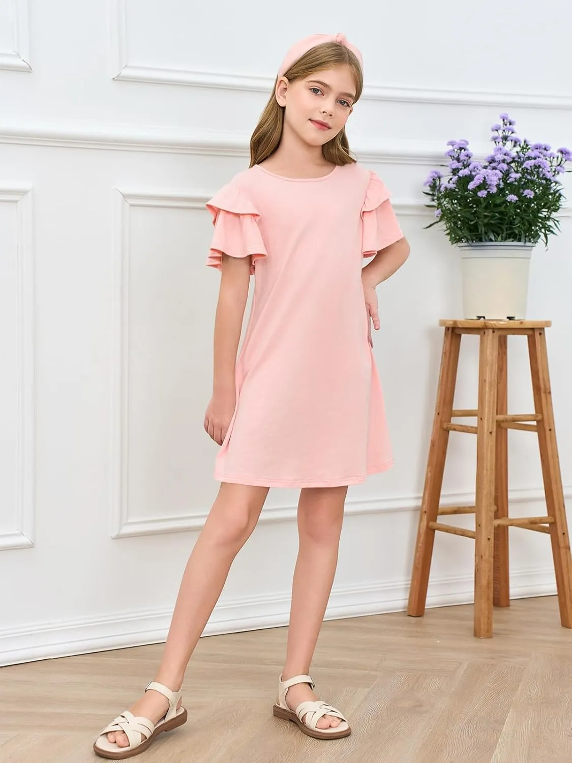 Haloumoning Girls Ruffle Sleeve Dresses Kids Summer Crewneck A Line Casual Dress 5-14 Years