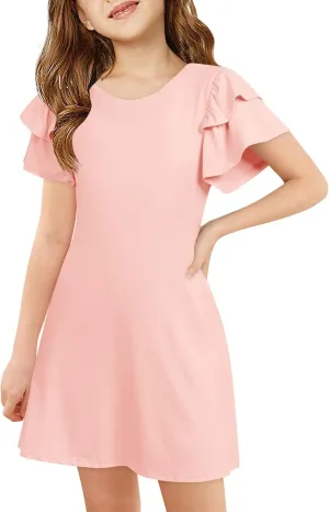 Haloumoning Girls Ruffle Sleeve Dresses Kids Summer Crewneck A Line Casual Dress 5-14 Years
