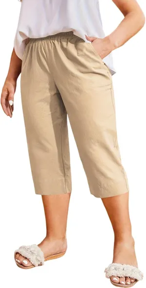High Waisted Wide Leg Cotton Linen Capri Pants for Women - Breathable Trousers with Pocket for Summer Beach Casual