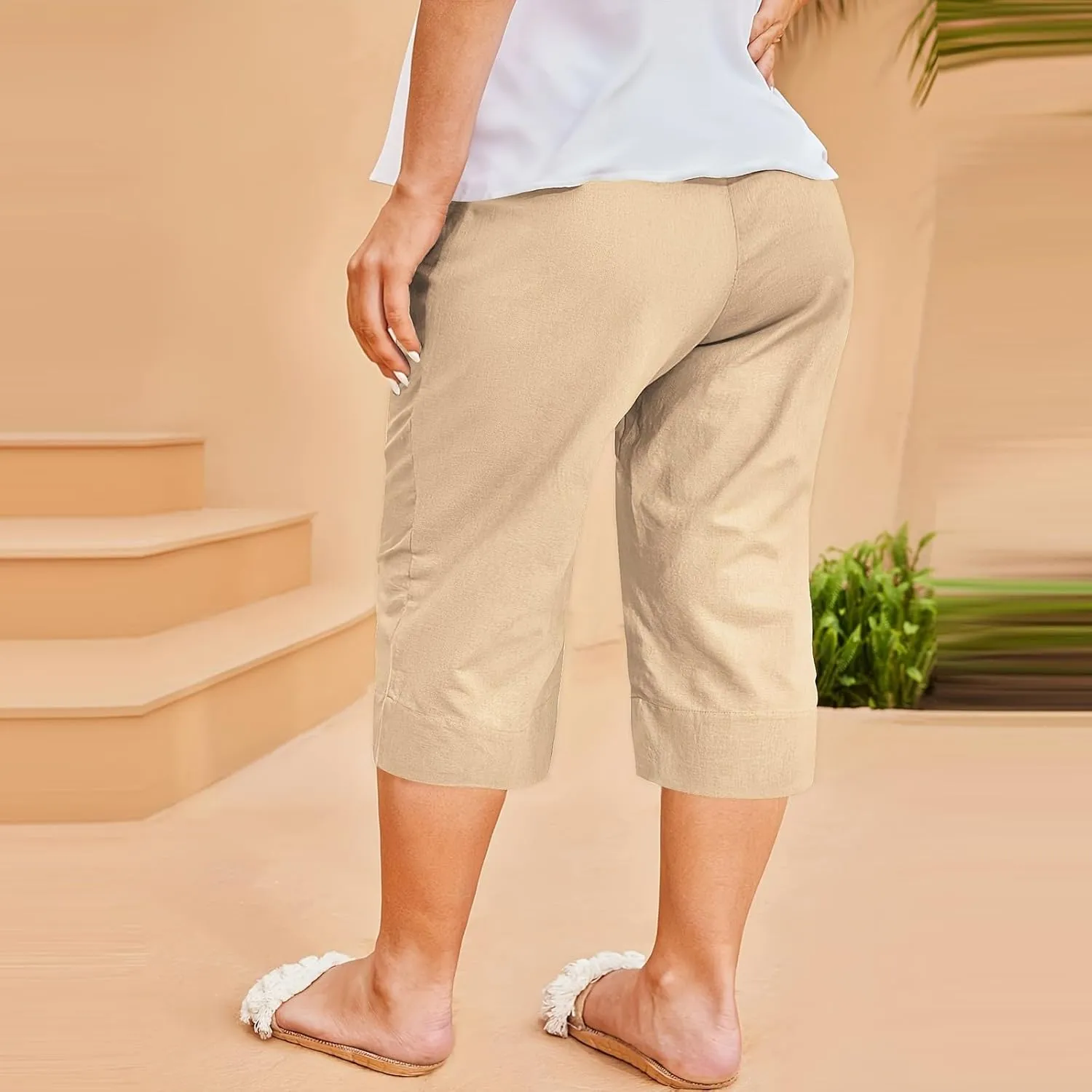 High Waisted Wide Leg Cotton Linen Capri Pants for Women - Breathable Trousers with Pocket for Summer Beach Casual