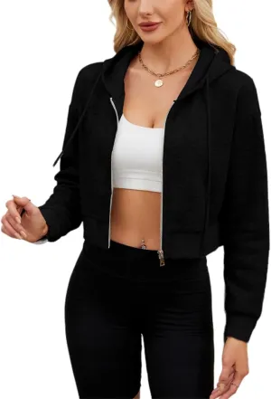 Hooded Sweatshirt Women with Zipper Cropped,Zipper Hooded Drawstring Solid Color Short Long Sleeve Sweatshirt