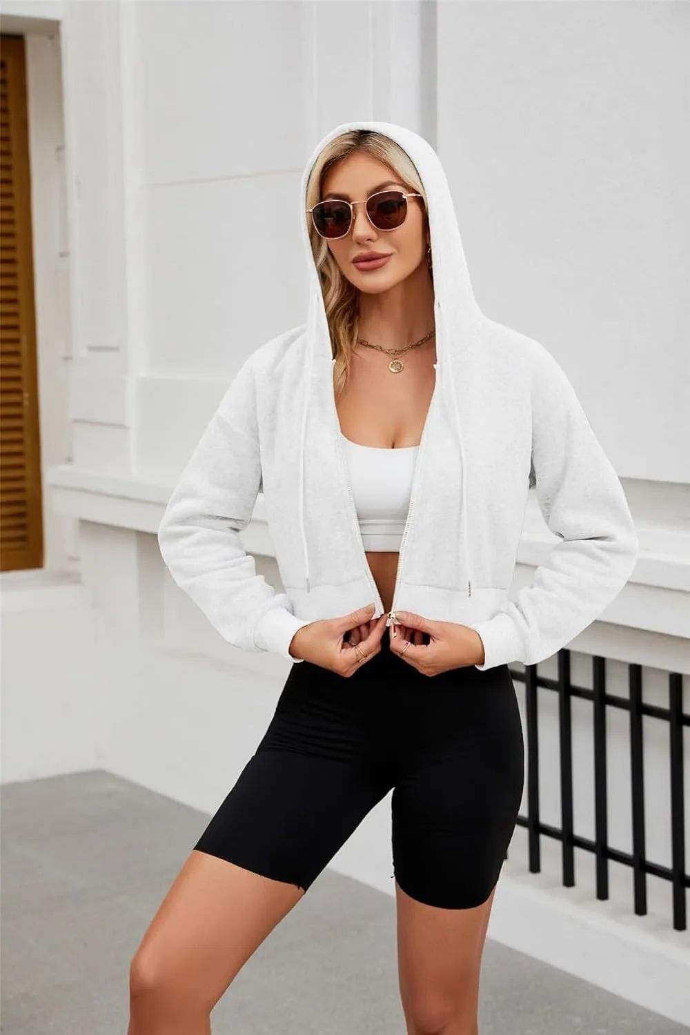 Hooded Sweatshirt Women with Zipper Cropped,Zipper Hooded Drawstring Solid Color Short Long Sleeve Sweatshirt