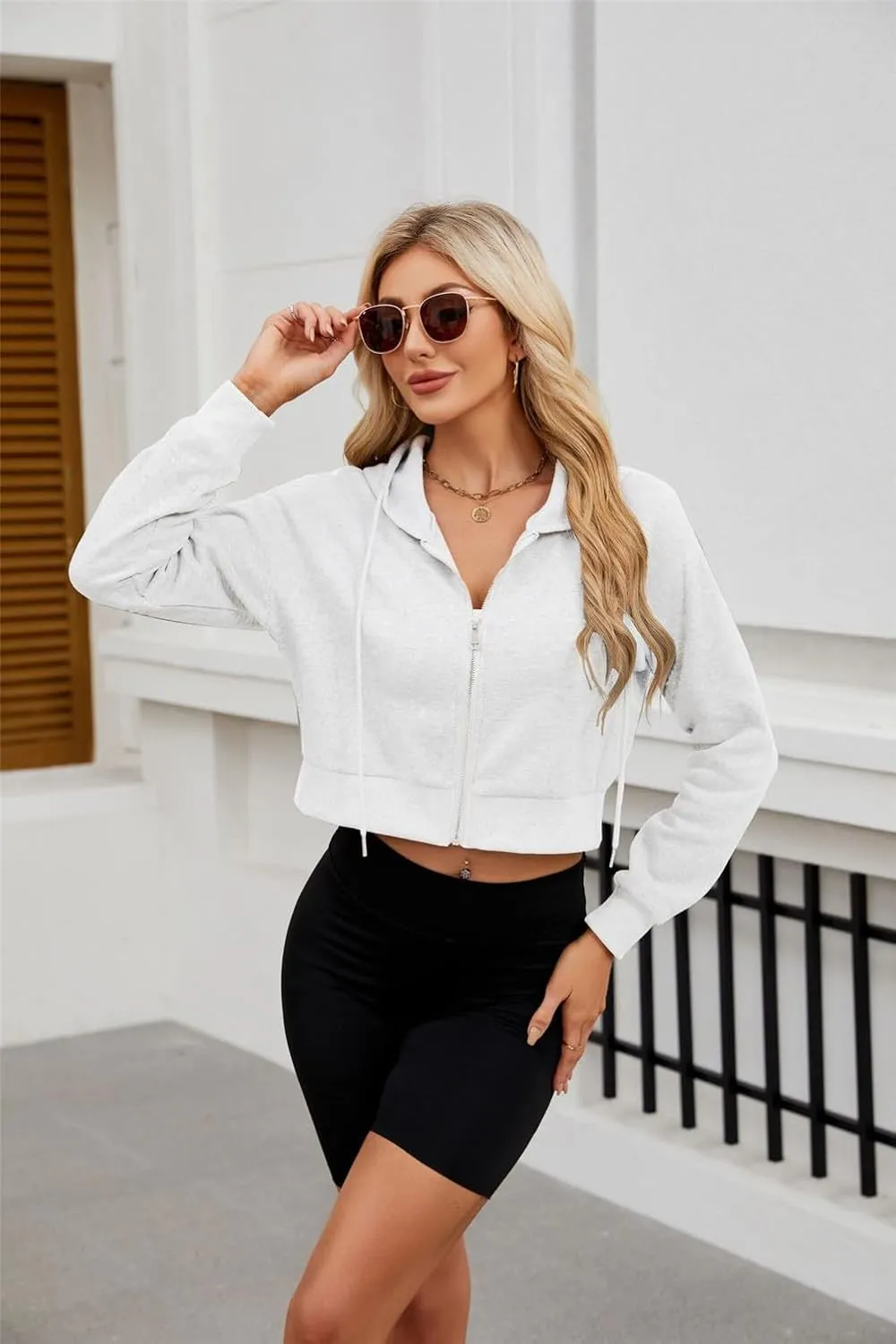 Hooded Sweatshirt Women with Zipper Cropped,Zipper Hooded Drawstring Solid Color Short Long Sleeve Sweatshirt