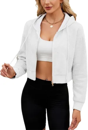 Hooded Sweatshirt Women with Zipper Cropped,Zipper Hooded Drawstring Solid Color Short Long Sleeve Sweatshirt